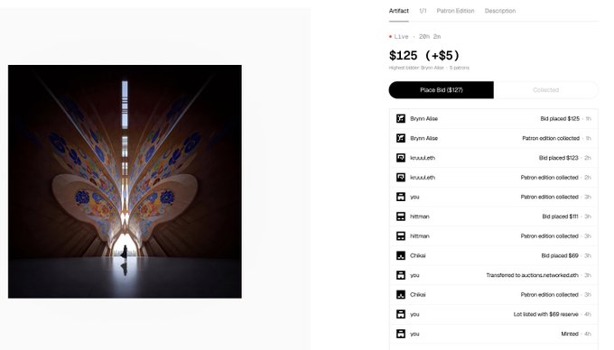 An NFT marketplace page for an artwork titled "Artifact" with bid history, showing a current bid of $125 (+$5) and a collection of bidders including Bryn Alae and yitu.