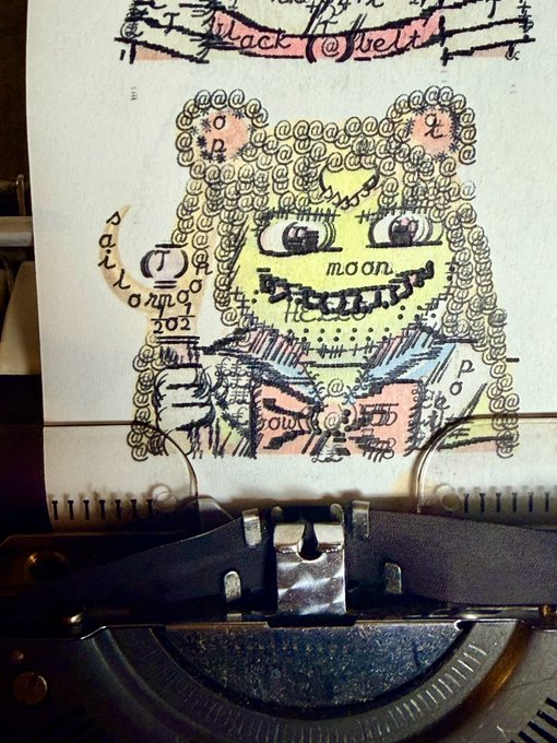 A whimsical hand-drawn illustration of a curly-haired character holding a book sits in a typewriter, with text reading 'Black & White' at the top.