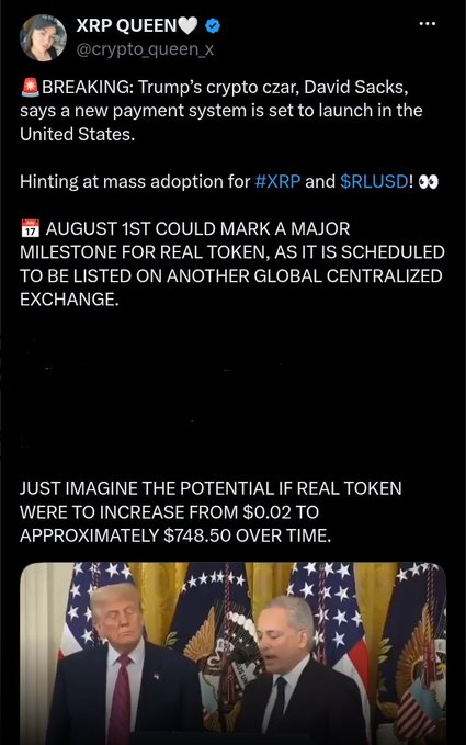A social media post by XRP QUEEN (@crypto_queen_x) claims Trump’s crypto czar David Sacks announced a new U.S. payment system, suggesting mass adoption for $XRP and $RLUSD, while promoting the "REAL TOKEN" with a speculative price jump from $0.02 to $748.50. The post aligns with the caption's bullish sentiment of "$XRP will be King of Crypto," using the political endorsement imagery of Trump and Sacks to hype XRP's potential.