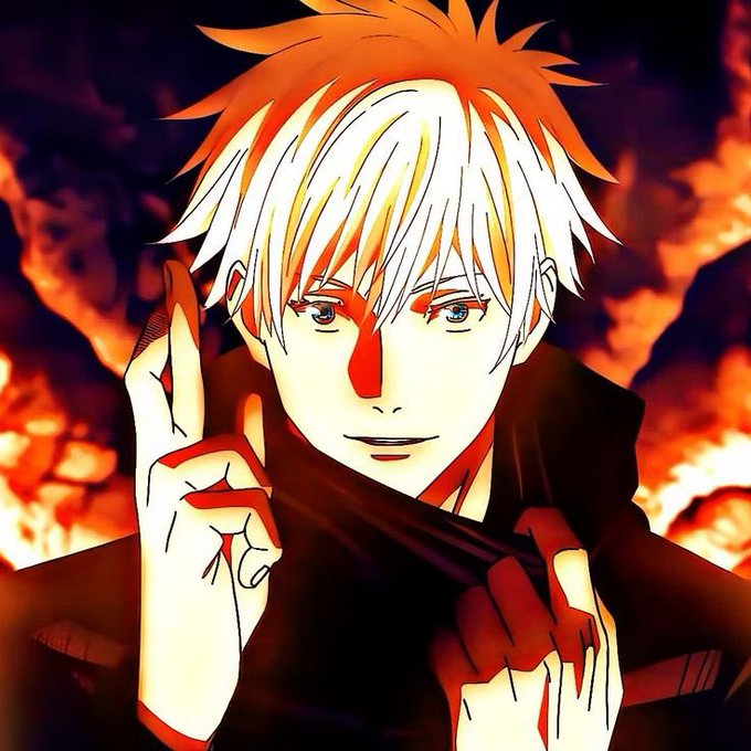 An anime character with white and orange hair against a fiery background, making a hand gesture.