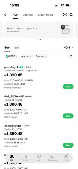A P2P cryptocurrency exchange app screen in NGN currency shows USDT buy offers from various sellers, including pascalcrypto, GAB_EXCHANGE, and Albxexchanger, each priced around ₦1,390.45.