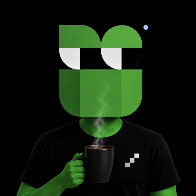 A green-skinned figure with a geometric logo obscuring their face holds a steaming black mug against a black backdrop, visually symbolizing the contemplative, forward-looking nature of the post's reflection on a deep crypto conversation. The abstract green branding and steam suggest rising ideas and heated discussion about the future of creator distribution, stablecoins, and onchain capital.