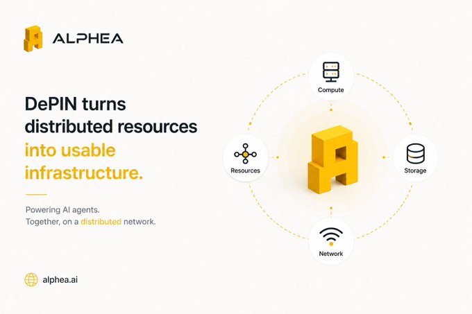 A promotional graphic for 'ALPHEA' describes how 'DePIN turns distributed resources into usable infrastructure,' featuring a diagram connecting Resources, Compute, Network, and Storage to a central logo.