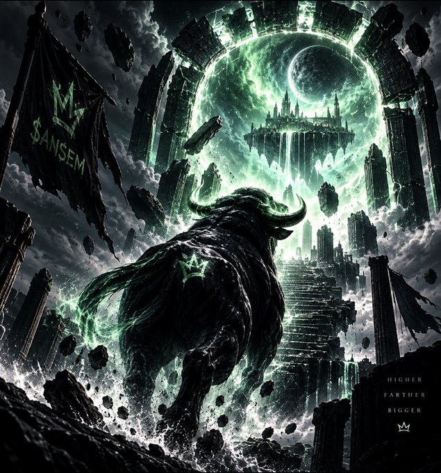 A dark fantasy digital artwork depicts a massive horned beast approaching a glowing green portal and floating castle, with a torn 'MV $ANSEM' banner and the words 'HIGHER FARTHER BIGGER' in the corner.