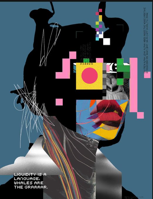 A digital art collage with a teal background featuring a black silhouette head filled with colorful geometric shapes and a pair of lips, with the text "LIQUIDITY IS A LANGUAGE. WHALES ARE THE GRAMMAR."