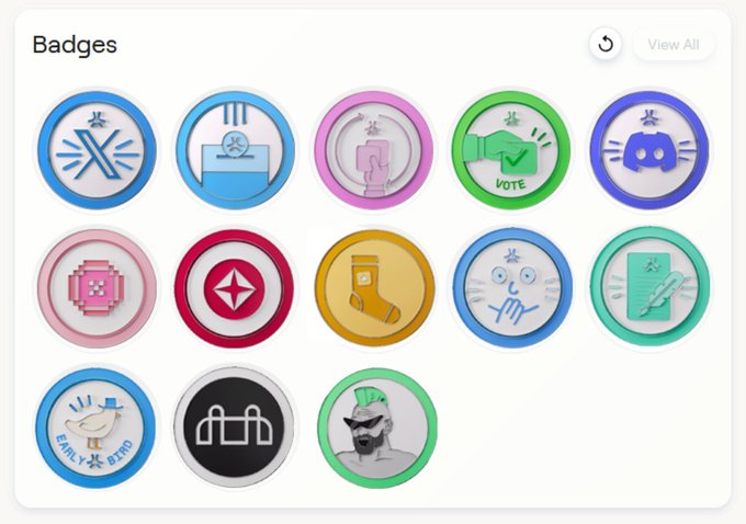 A digital interface titled "Badges" displays a grid of 13 colorful, circular achievement icons, featuring designs like game controllers, socks, coins, and a "DAILY BIRD".