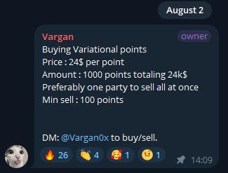 A Discord message from user "Vargan" (posted August 2 at 14:09) announces the buying of Variational points at 24¢ per point, with a goal of 1,000 points (totaling 24k) and a minimum sell of 100 points. This corresponds to the August pricing of $24 noted in the post, representing the current valuation for Variational points on the Lighter.xyz OTC market.