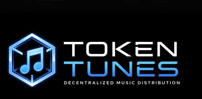 A logo for "TOKEN TUNES" featuring a blue musical note inside a glowing hexagonal cube, with the tagline "DECENTRALIZED MUSIC DISTRIBUTION."