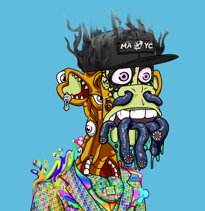 A surreal digital illustration features a grotesque, multi-faced character with bulging eyes, tentacles, and dripping features, wearing a black cap labeled 'MA YC' against a blue background.