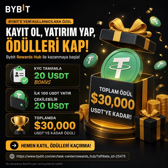 A promotional graphic for Bybit's new user Rewards Hub campaign featuring a gift box with Tether coins, advertising a 20 USDT bonus for completing KYC, 20 USDT for a first 100 USDT deposit, and up to $30,000 USDT in total rewards, with the registration link "https://www.bybit.com/en/task-center/rewards_hub/?affiliate_id=25475" displayed at the bottom.
