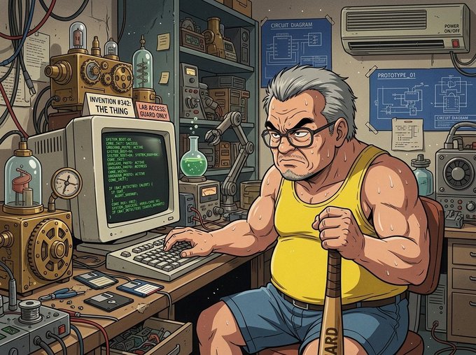 A cartoon-style illustration of a muscular, sweating man in a yellow tank top working at a cluttered workbench with a vintage computer displaying code, surrounded by steampunk machinery, a sign reading 'INVENTION #245 THE THING', and a 'CIRCUIT DIAGRAM' poster.