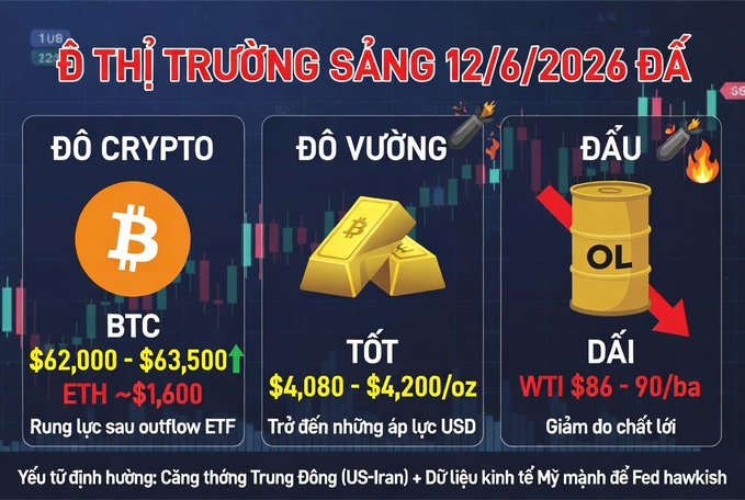In this image, there are three different symbols related to cryptocurrency featured against a blue background with the text "TIN NHANH THỊ TRƯỜNG SÁNG 12/6/2026" at the top left corner and "EFT" written below it. The top symbol represents Bitcoin, and its price is $62k. The middle symbol represents a yellow gold bar which has a price of $63.5B. The bottom symbol shows an oil barrel with a price of $66A/18B.
