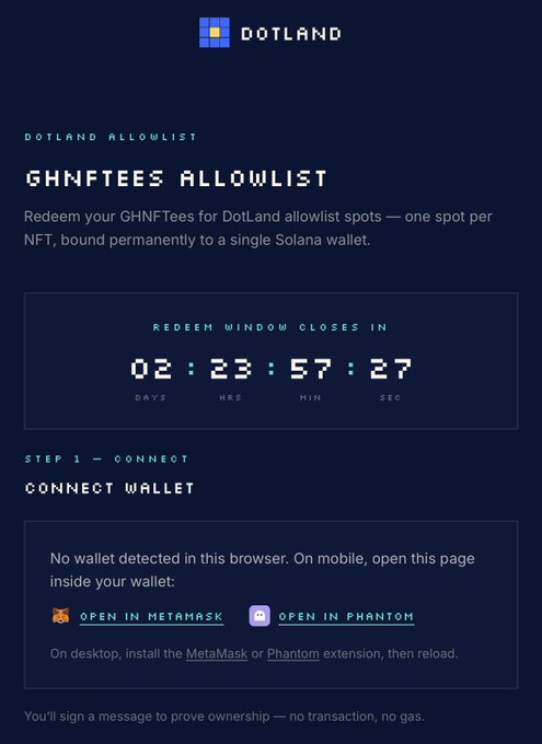 The image shows the DotLand GHNFTees Allowlist page featuring a countdown timer (02:23:57:27) for the redemption window, with wallet connection options for MetaMask and Phantom. This directly supports the post's message about GHNFTees holders being able to claim their free DotLand spots within a 72-hour redemption window.