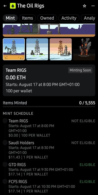 Mobile app screen for 'The Oil Rigs' NFT collection showing a mint schedule with Team RIGS, Saudi Holders, GTD RIGS, and FCFS RIGS phases.