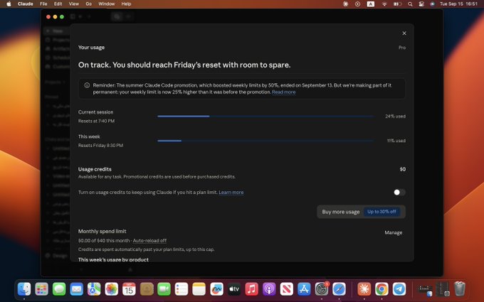 A macOS desktop showing the Claude AI usage panel stating 'On track. You should reach Friday's reset with room to spare,' with Current session at 24% used and This week at 11% used.