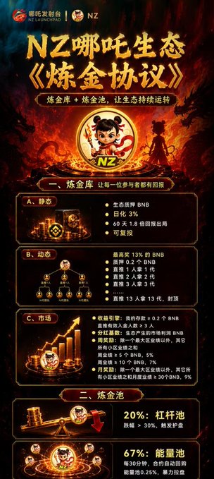 A promotional Chinese-language poster for the 'NZ' token ecosystem describing an 'Alchemy' protocol with static, dynamic, and market features for token minting and a 67% energy pool.