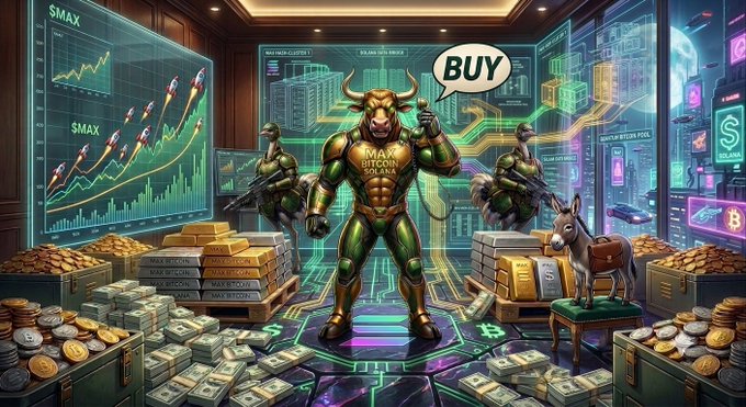 An AI-generated digital illustration depicting a 'Max Bitcoin' bull character surrounded by armed soldiers, cash, and gold bars in a high-tech trading room, with a 'BUY' speech bubble above.
