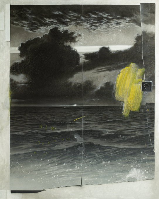An artistic mixed-media collage displays a dark, moody seascape with dramatic clouds, overlaid with abstract yellow paint strokes and small handwritten text.