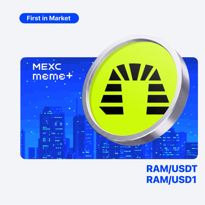 A promotional graphic announcing that Ramses Exchange's $RAM token is "First in Market" on MEXC's Meme+ platform, featuring a neon green coin emblem against a city skyline backdrop with trading pair tickers RAM/USDT and RAM/USD1 displayed in the corner.