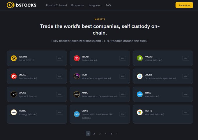 The image shows the bStocks website's markets page, displaying a grid of 12 tokenized stocks and ETFs including TEST1B (bstock TEST1B), TSLAB (Tesla), NVDAB (NVIDIA), SNDK (SanDisk), MUB (Micron), CRCLB (Circle Internet Group), SPCX (SpaceX), AMDB (AMD), INTCB (Intel), MSTRA (Strategy), EWYB (iShares MSCI South Korea ETF), and MSFTB (Microsoft)—all marked as "BSC" tokens on Binance Smart Chain.

The image directly relates to the post's request to CZ, as it highlights TEST1B (bstock TEST1B) as one of the available tokenized assets for testing on the platform, which is on the BNB Smart Chain ecosystem.
