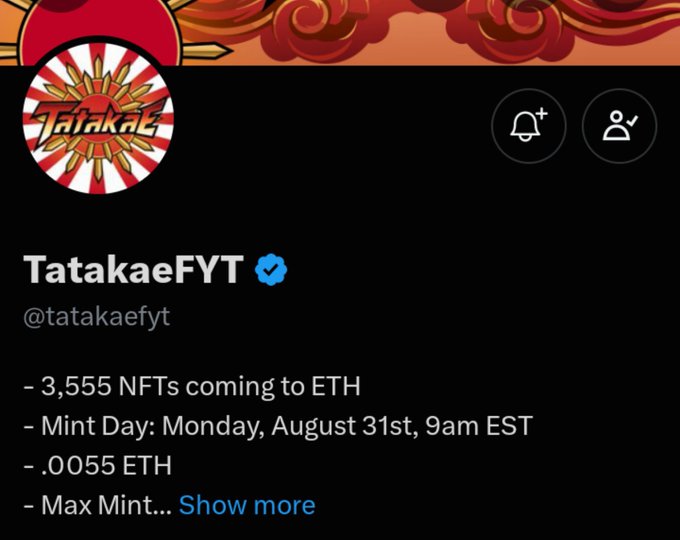 A screenshot of the verified Twitter account @tatakaefyt announcing an NFT drop with 3,555 NFTs on Ethereum, with minting scheduled for Monday, August 31st at 9am EST at a price of .0055 ETH. The post highlights this NFT project, emphasizing the credibility of the artists behind it, including J Murakami who has collaborated with DC Comics.
