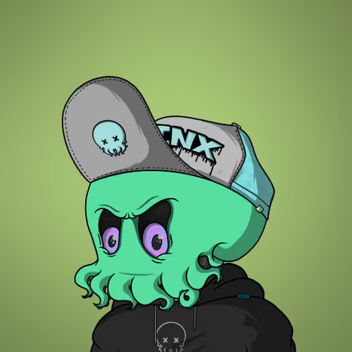 An illustrated cartoon character featuring a green octopus head with purple eyes, wearing a gray and blue backward baseball cap and a black hoodie with an 'X' logo.