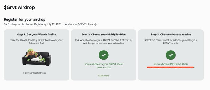 This image shows the GRVT Airdrop registration page, detailing steps to get a Wealth Profile, choose a multiplier plan (like 1x receive at TGE), and select a receiving chain, such as BNB Smart Chain. The image directly illustrates the process described in the accompanying post for registering for the GRVT airdrop.