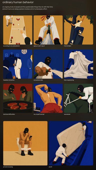 An illustrated chart titled 'ordinary human behavior' showing nine panels depicting various everyday scenarios, including 'according to my calculations,' 'oops, it don't say it,' 'trial of tibiason,' 'hypothesis terramorphing,' 'somnambulism vibe,' 'beam engineering,' 'technical difficulties,' 'me, myself and igf,' and 'secretariat,' with additional panels labeled 'private browsing' and 'plonk.'