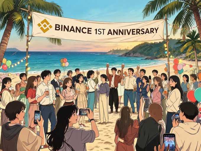 An anime-style illustration depicts a beach party under a banner reading 'BINANCE 1ST ANNIVERSARY' alongside the Binance logo, with a crowd of people celebrating at sunset.