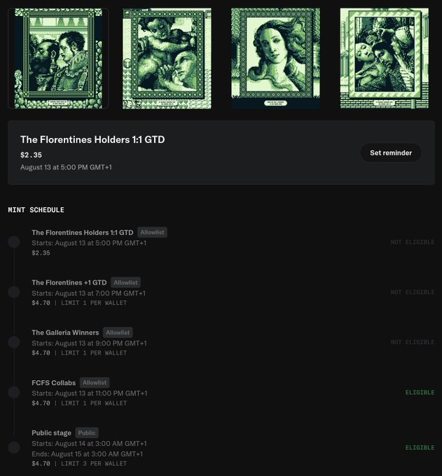 A digital interface for an NFT mint shows four ornate green-tinted artistic portraits at the top, with text detailing 'The Florentines Holders 1:1 GTD' starting August 13, along with a mint schedule listing various stages and eligibility statuses.
