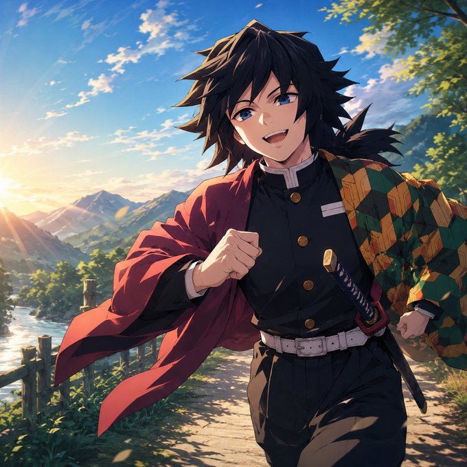An anime-style illustration of a cheerful young swordsman with dark hair, wearing a red haori and patterned kimono, running along a mountain path at sunset.