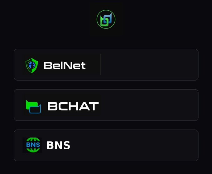 A dark interface menu with a green circular logo at the top, listing three options: "BelNet", "BCHAT", and "BNS".