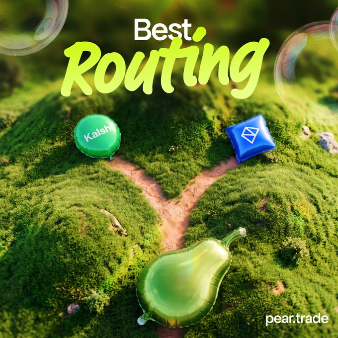 A grassy landscape features a forking dirt path leading from a green balloon toward two destinations marked by a green "Kalshi" balloon and a blue envelope icon, with the text "Best Routing" above and "pear:trade" in the corner—visually representing how Pear Trade's social trading platform helps users discover the best routes and strategies by learning from other traders rather than just executing trades blindly.