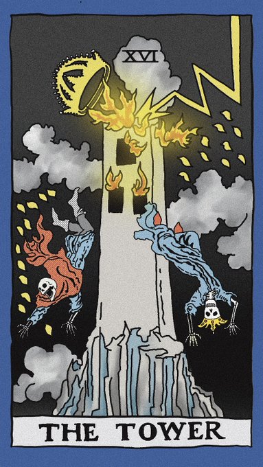 An illustrated tarot card labeled 'THE TOWER' showing a burning tower struck by lightning, with figures falling from it.