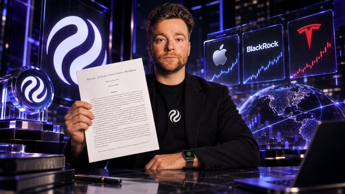 A man in a black jacket holds a document titled 'Jurorent: A Premium Status Agency x BlackMoon' in front of screens displaying the Apple, BlackRock, and Tesla logos with upward trending charts.