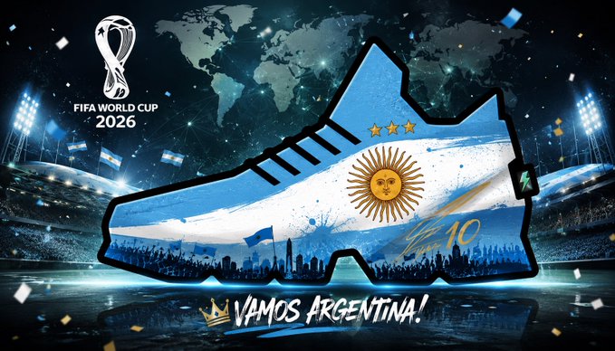 The image features a pair of blue and white sneakers, which are adorned with an illustration of the flag of Argentina. The sneakers are placed against a backdrop that includes a map of the world and the text "FIFA World Cup 2016". This suggests that the sneakers are part of a promotional campaign for the FIFA World Cup 2016.

The caption reads: "Vamos Argentina! #stepnAroundTheWorld #fifaWorld Cup 2016", which is likely meant to be a playful response to the sneaker design and the upcoming event. The image also includes confetti, indicating that there might be an exciting celebration or promotion related to the sneakers in progress.