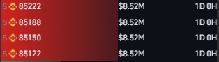 A screenshot showing rows of crypto token entries, each displaying an S logo, prices around 85000-85200, a value of $8.52M, and '1D 0H' timeframe.