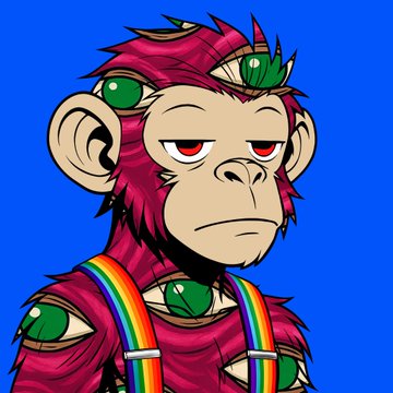 A pink cartoon monkey with red eyes wearing rainbow suspenders against a blue background, with multiple green eyes scattered across its head and body.