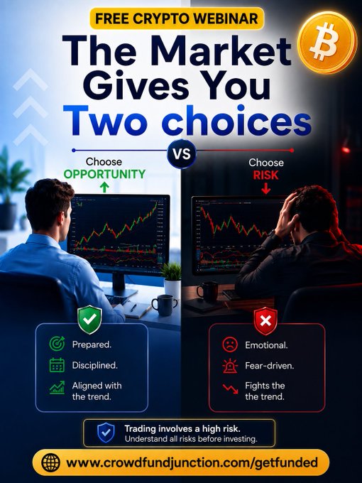 A promotional flyer for a free crypto webinar titled "The Market Gives You Two choices," contrasting a confident trader viewing opportunity (Prepared, Disciplined, Aligned with the trend) against a stressed trader facing risk (Emotional, Fear-driven, Fights the trend), with a Bitcoin logo and the link www.crowdfundjunction.com/getfunded at the bottom.

The image visually reinforces the post's message about the two mindsets traders bring to the market—framing opportunity versus risk as a choice between discipline and emotion.