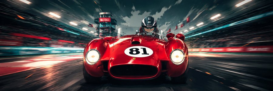 A red Ferrari race car with the number 81 speeds through a stadium at night, driven by a helmeted racer under a dramatic cloudy sky.