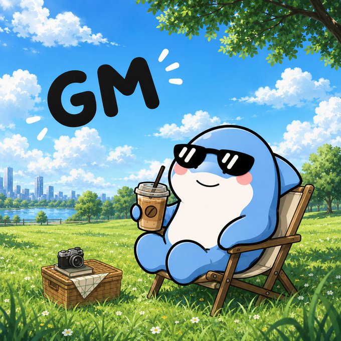 A cute blue cartoon dolphin wearing sunglasses relaxes on a wooden beach chair with an iced coffee, surrounded by a grassy park, picnic basket, and city skyline, with 'GM' displayed prominently.
