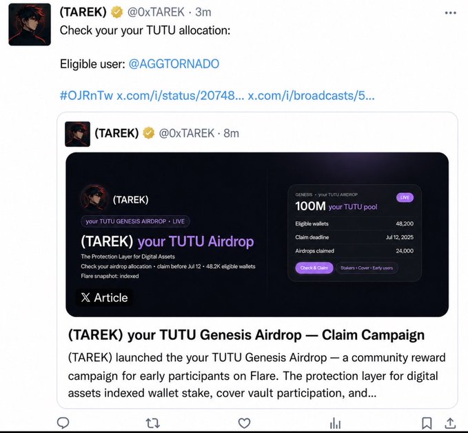 A Twitter post by (TAREK) (@0xTAREK) highlighting an eligible user (@AGGTORNADO) for the TUTU allocation, showing details of the 'your TUTU Genesis Airdrop' with 48,200 eligible wallets and a claim deadline of Jul 12, 2025.