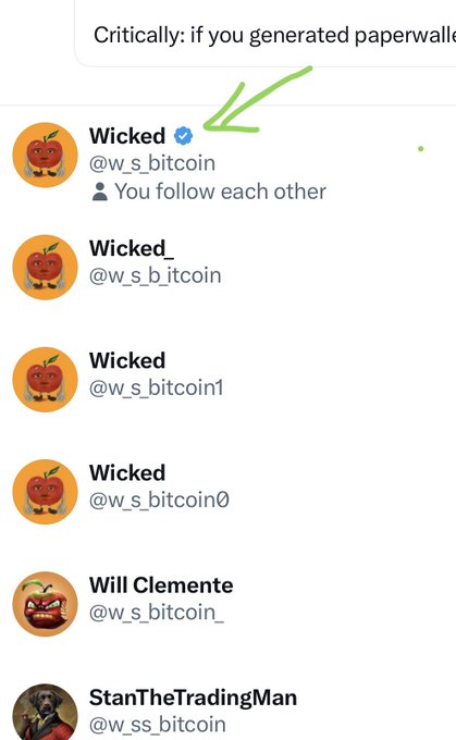 A social media search results list displays multiple fake Twitter accounts named 'Wicked' with similar apple avatars and slight variations of the handle '@w_s_bitcoin', with a green arrow pointing to the verified original.