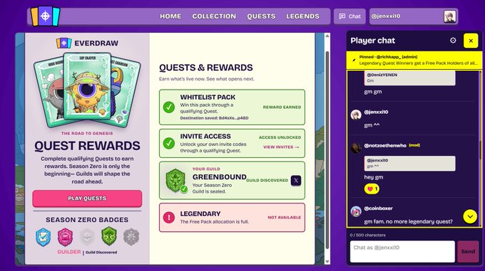A screenshot of a digital collectibles platform showing 'EVERDRAW' quest rewards, including a 'WHITELIST PACK' and 'INVITE ACCESS' features, with a player chat panel on the right side.