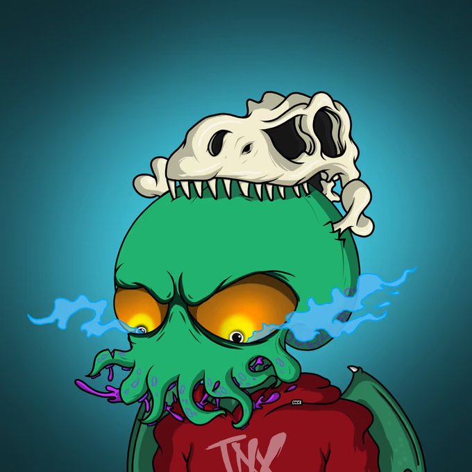 A cartoonish illustration of a green Cthulhu-like monster with glowing orange eyes wearing a red hoodie that says 'TNY', topped with a small dinosaur skull.