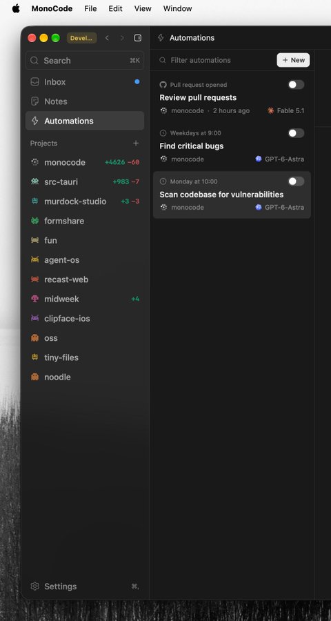 A desktop screenshot of the MonoCode app showing an Automations panel with three tasks: "Review pull requests," "Find critical bugs," and "Scan codebase for vulnerabilities," alongside a sidebar of project repositories.