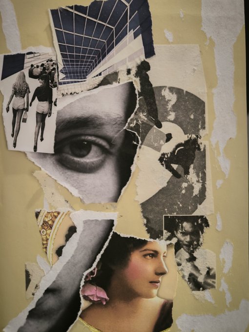A torn paper collage artwork featuring vintage-style images, including a prominent black-and-white eye, two women walking, a woman in profile with a pink flower in her hair, and a crying child.