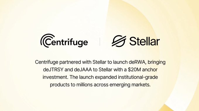 The image shows two logos for Centrify and Stellar organizations. The Centrify logo is black and white with a white circle around it containing the text "Centrifuge" at the top, while the Stellar logo is red and yellow with the words "Stellar" written in the same color scheme as the logo of the planet Earth displayed below it on the image. These logos are part of an explanation for how Centrify and Spiral Agriculture will collaborate to bring regulated yield-bearing financial products directly into consumer-friendly applications, likely focusing on agricultural markets.