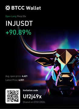 A BTCC Wallet promotion highlighting the INJUSDT long perp trade with a +90.89% gain, showing an entry price of 4.621 and latest price of 4.831, accompanied by an invitation code "Uf2j49x" to attract new members looking to replicate the trader's successful calls on coins like DOT, NEAR, INJ, FIL, APT, and LTC.