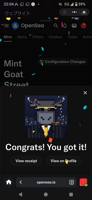 A screenshot from opensea.io showing a successful NFT mint confirmation for "Mint Goat Street," with the message "Congrats! You got it!" and pixel-art goat artwork displayed. The browser tab confirms the mint has been completed via OpenSea.